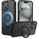 Compatible with iPhone 15 Case with Magnetic Ring Stand, Military Drop Protection, Anti-Scratch/Anti-Fingerprint Translucent Matte Phone Case for iPhone 15 (Black)