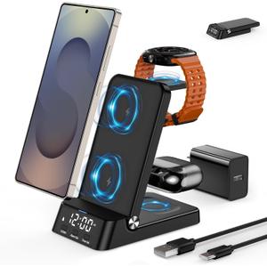 Wireless Charger with Alarm Clock for Samsung,Foldable 4 in 1 Charging Station for Galaxy Watch 8/7/Ultra/Classic/FE/6,Galaxy S25/Edge/Ultra/S24/Z Flip 7/FE/6/5/Z Fold 7/6/5,Galaxy Buds Charger Stand (Black)