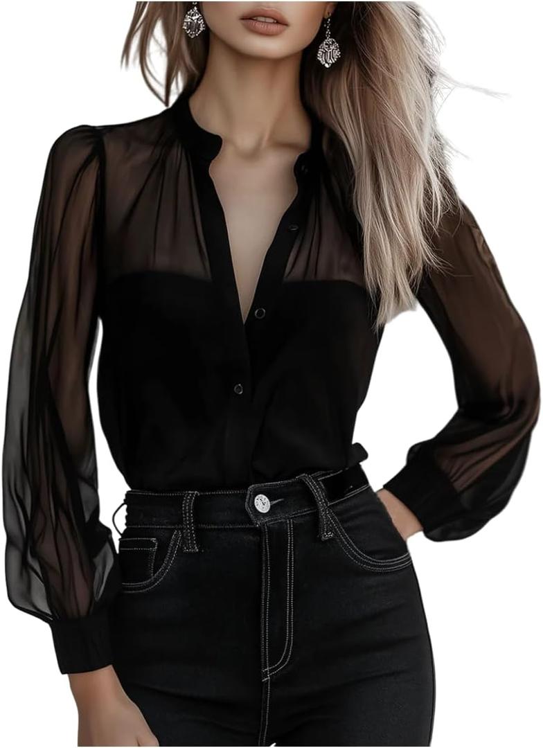 GORGLITTER Women's Sheer Button Up Blouse Tops Dressy Business Casual Fall Mesh Long Sleeve Button Down Work Shirt Top (X-Large, Black)