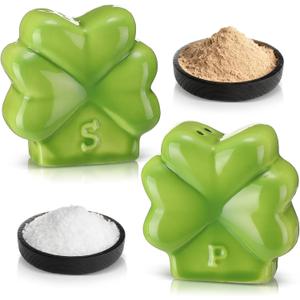 FoldTier 2 Pcs Ceramic Shamrock Salt and Pepper Shakers St. Patrick's Day Clover Leaves Irish Ceramic Shaker Set for Kitchen Counter Table Farmhouse Country Restaurant Party Event 2-3/4" H
