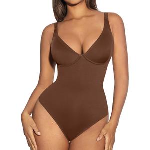 FeelinGirl Shapewear Bodysuits for Women Tummy Control Body Suits Deep V Neck Thong Body Shaper (Small, Brown)