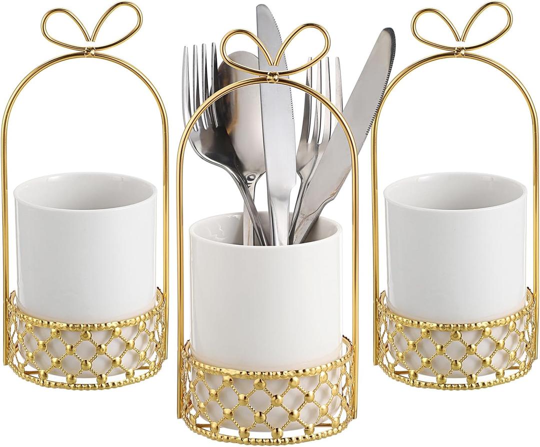 JUXYES Ceramic Silverware Holder For Tabletop, White Cutlery Holder With Golden Metal Bracket, Decorative Flatware Holder Countertop Utensil Holder Organizer for Wedding Kitchen Dining Tables (Pack of 3)