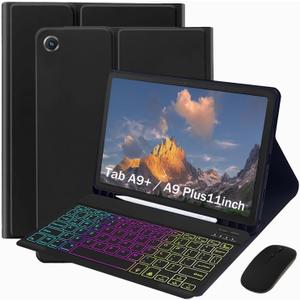 Backlit Keyboard Case for Samsung Galaxy Tab A9+/Plus 11 2023(SM-X210/X216/X218),A11Plus 11" 2025(SM-X310/X315/X236), 3 Color Backlit, Detachable Keyboard, with S Pen Holder and Mouse (Black)