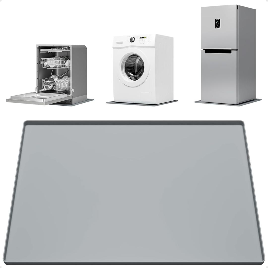 27''x27'' Washing Machine Drain Pan Silicone Mat with 0.78'' Raised Edges(Leak Protection),Non-Slip & Anti-Vibration Washer Drip Tray for Floor Protection,Washer/Dryer,Refrigerator,Rubber Pad,Gray