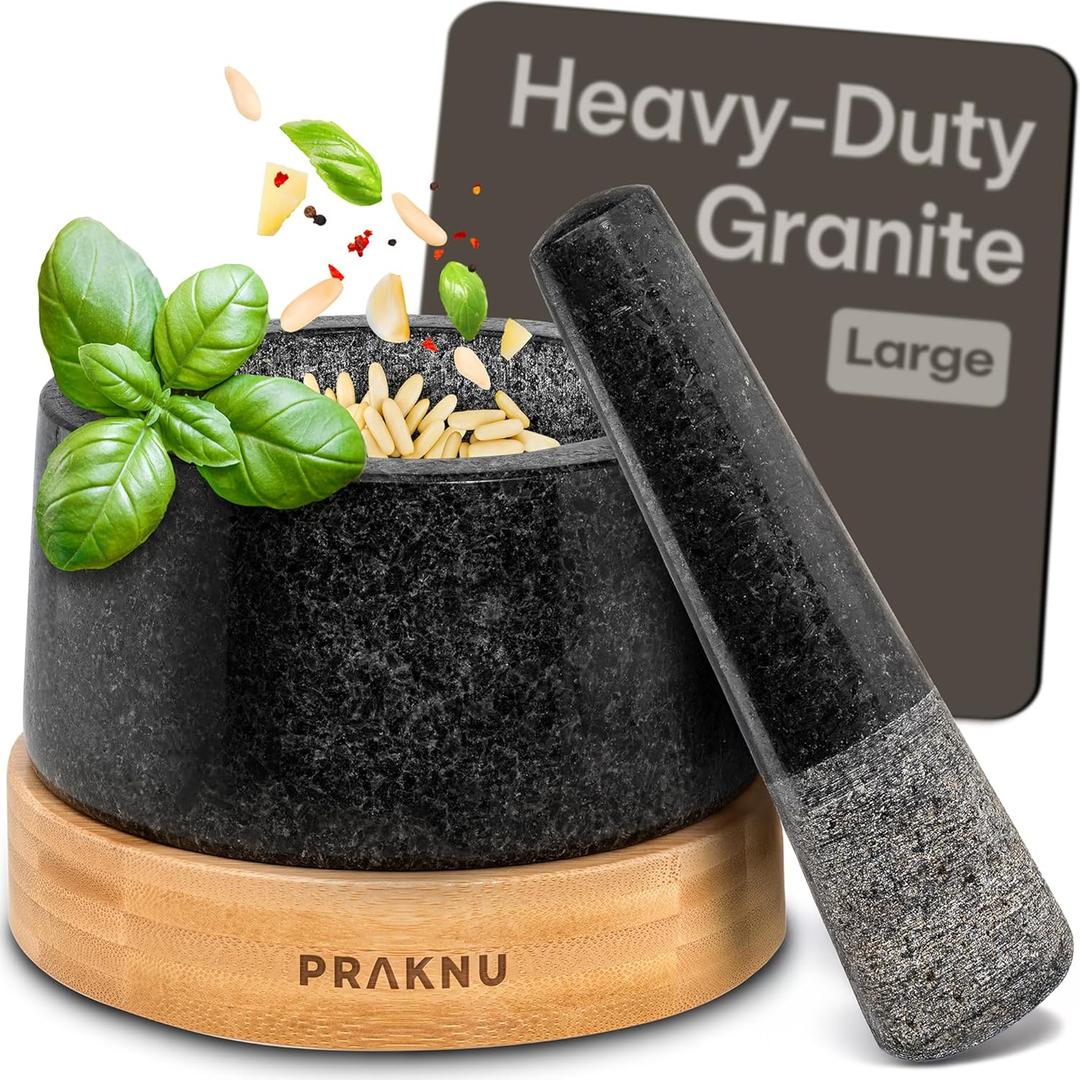 Mortar and Pestle Set Large 2 Cup - Heavy-Duty Stone Grinder for Spices & Herbs - Durable Granite Molcajete - Guacamole Bowl with Non-Slip Wooden Base - Effortless Grinding & Easy to Clean