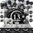 13th Birthday Decorations for Boys Girls, Black White 13 Year Old Boy Birthday Decorations with Happy 13th Bday Banner Balloons Backdrop and 32in Number 13 Balloons, Black Silver Thirteen Party Decor