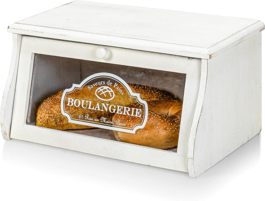 Red Co. 14x 7 Rubberwood Bread Storage Box with Acrylic Front & Knob Handle, White