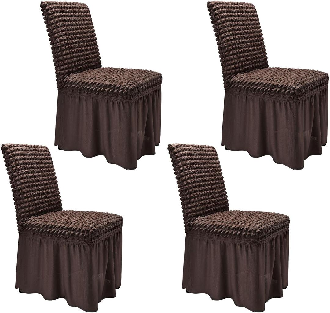NICEEC High Stretch Chair Covers for Dining Chairs Covers Set of 4 Removable Dining Room Chair Covers with Skirt Spandex Parson Chair Slipcovers Protector for Kitchen Wedding Party Banquet(Brown)