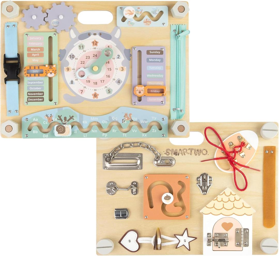 Double-Sided Wooden Busy Board for Toddlers, Sensory Activity Board, Montessori Travel Toy for Kids Age 3-5, Educational Toy for Autism, Ideal Choice for Baby Girls or Boys Birthday