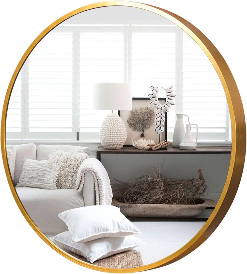 KIAYACI Round Wall Mirror Large Circle Mirrors for Bathroom Living Rooms-Aluminum Alloy Frame, Shatteproof Glass (Gold, 24")