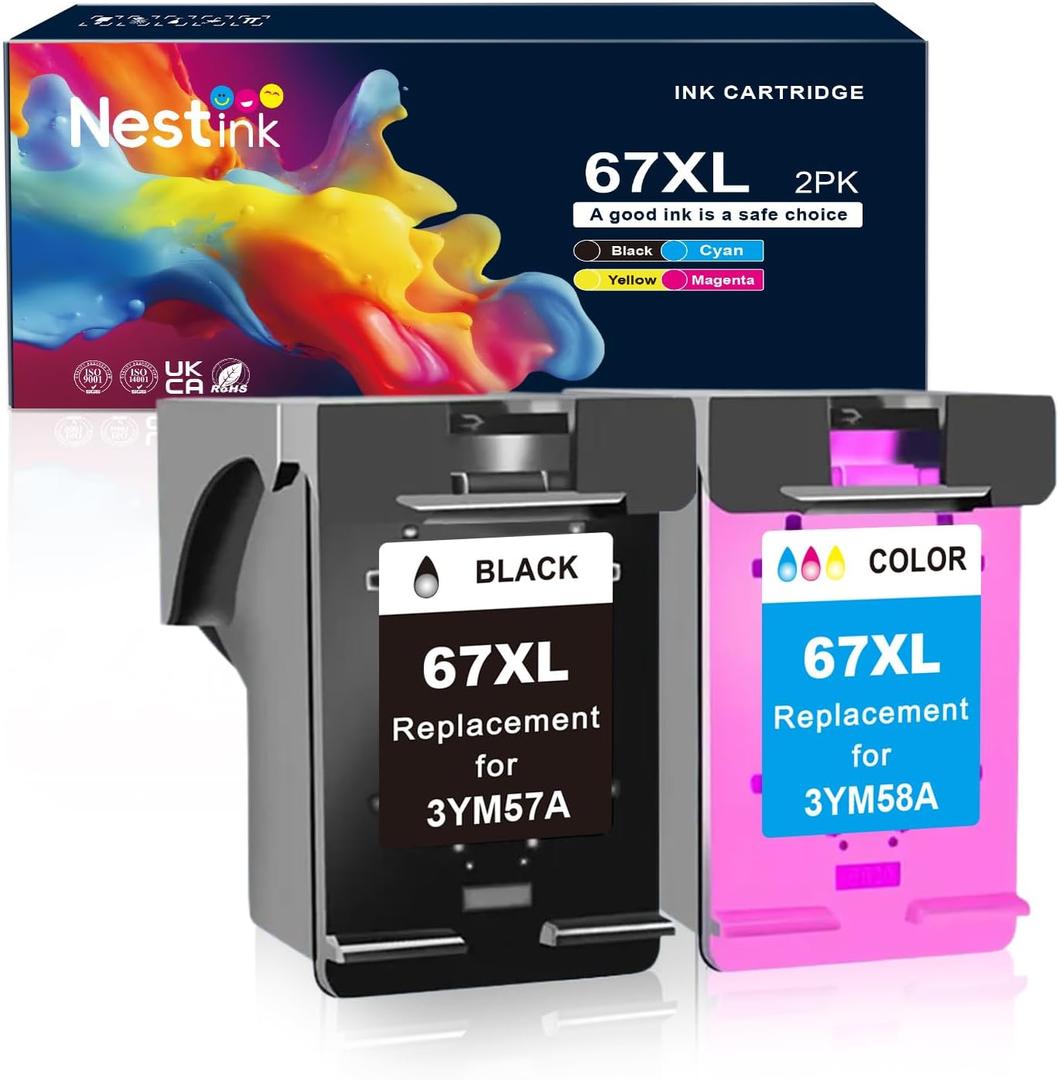 67XL Ink Cartridges Combo Pack Replacement for HP 67 67XL Ink Cartridge for HP Envy 6400 6055e 6455e 6055 6452 6455 DeskJet 2855e 4255e 4155e 2755e 4155 Printer (1 Black, 1 Tri-Color, 2 Pack)