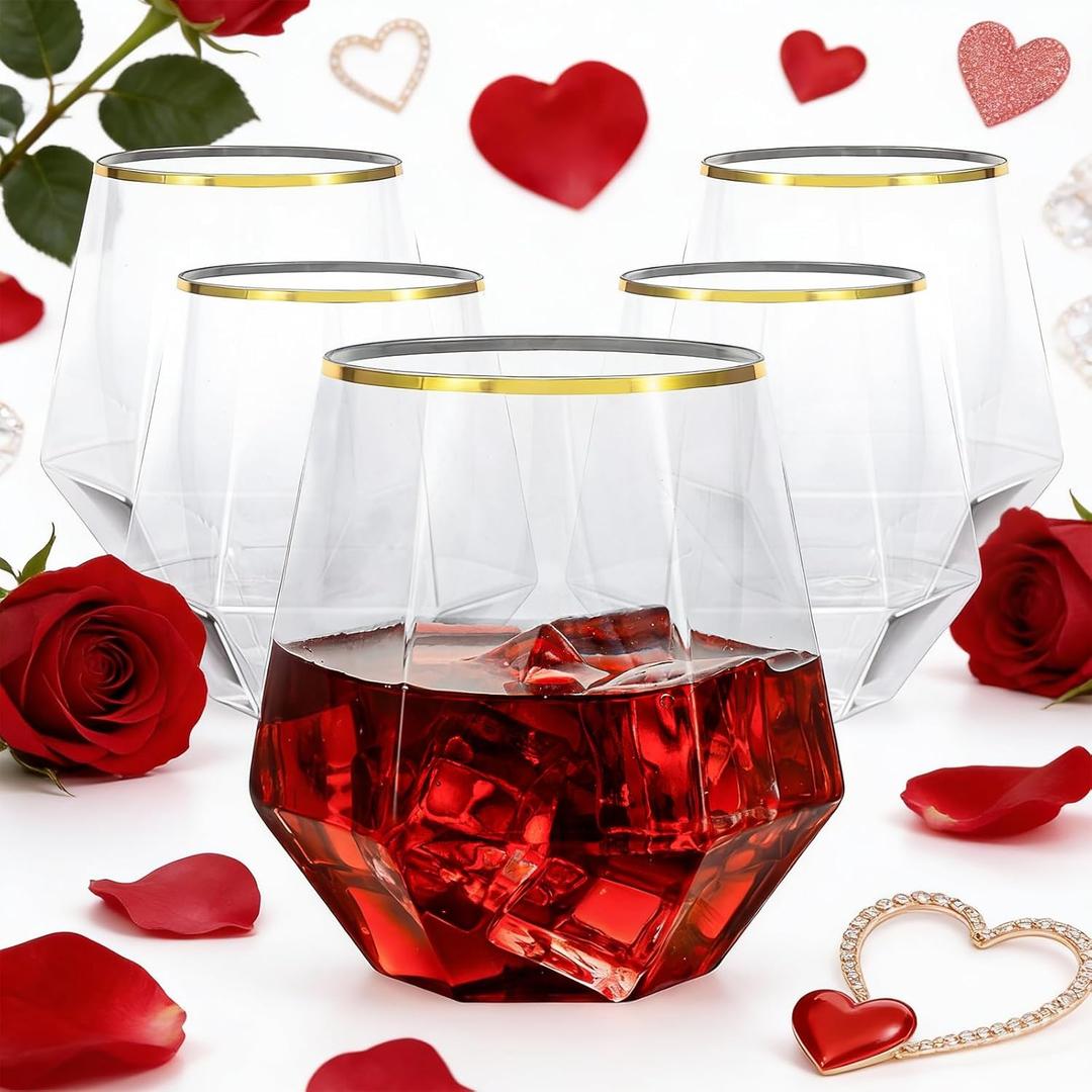 Goodluck 40 PCS Diamond Stemless Plastic Whiskey Glasses, 12 Oz Disposable Cocktail Glasses, Suitable for Weddings, Birthday Parties, Family Gatherings, Bars, etc Gold rimmed cups (Clear and Gold)