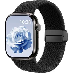 Braided Stretchy Band Compatible with Apple Watch Bands 38mm 40mm 41mm 42mm 44mm 45mm 46mm 49mm Women Men, Soft Nylon Solo Loop Magnetic Sport Strap for iWatch Series 11 10 9 8 7 6 5 4 3 2 1 SE Ultra (Black)