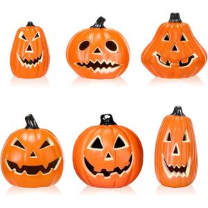 Tujoe 6 Pcs Halloween Pumpkin Lantern Set Light up LED,Orange