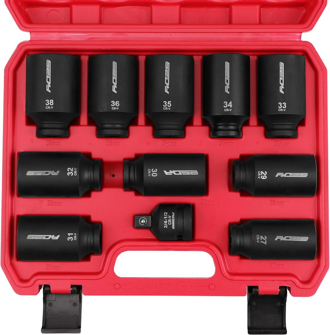 1/2 Drive Deep Impact Socket Set: 8-Piece Metric Size Wheel Axle Nut Wrench Metric Large Jumbo 27mm 29mm 30mm 31mm 32mm 33mm 34mm 35mm 36mm 38mm Spindle Joint High Torque Truck Bearing Locknut