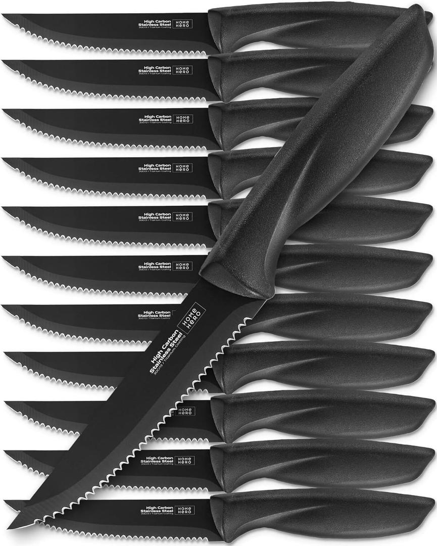 Home Hero Steak Knives Set of 12 - High-Carbon Stainless Steel Blades - Razor-Sharp Serrated Knives - Black Ergonomic Handles - 12 Pcs, Black