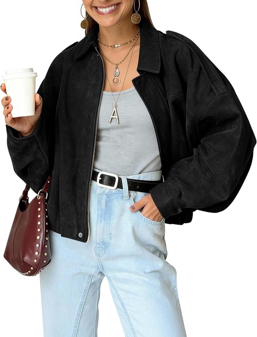 Kissonic Womens Faux Suede Bomber Jacket Oversized Batwing Long Sleeve Zip Up Cropped Coat Streetwear (Small, Black)
