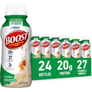 BOOST High Protein with Fiber Ready to Drink Complete Nutritional Drink, Caramel, 8 fl oz Bottle, 24 Pack, BB Date: 07/08/2026