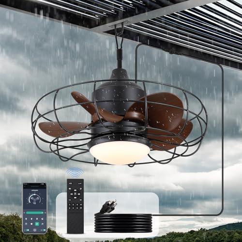 jazimar Outdoor Ceiling Fan with Lights: 20-Inch Waterproof Plug-In Caged Hanging Fan, App/Remote Control, 3CCT, 6-Speed Reversible DC Motor, for Porch Patios Canopy