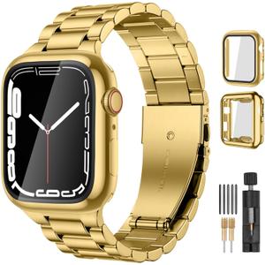 Lerobo Compatible with Apple Watch 38mm 40mm 41mm 42mm 44mm 45mm 46m 49mm, Solid Stainless Steel Metal Band with 2 Pack Protective Cases for iWtach Series 11 10 9 8 7 6 5 4 3 SE Ultra 3 2 1 Men Women (Gold)