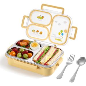 NUKied Stainless Steel Lunch Box for Kids & Adults, 3-Compartment Leak Proof Metal Bento Lunch Box with Fork & Spoon, 26.4 oz Airtight Food Storage Snack Container for School, Work, Travel (Yellow)