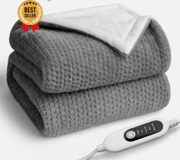 Heated Blanket Electric Blanket,Cozy Faux Rabbit Fur & Soft Flannel Warm Heater Throw Blanket with 5 Fast Heating Levels &10Hours Auto-Off Over-Heat Protection，50" x 60" (Grey)