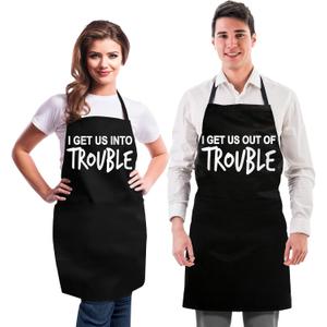 Funny Couple Aprons - Gift Ideas For Her Him - Wedding, Engagement, Bridal, Birthday; Kitchen Cooking Set (I Get Us Into Trouble (Black/Black))