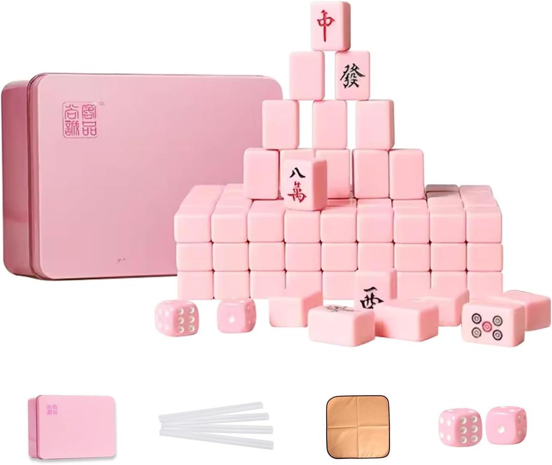 VPH Mini Chinese Mahjong 144 Pieces Aqua Pink Iron Box All Hand Painted