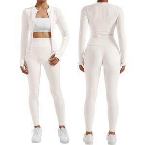 RXRXCOCO Ribbed Workout Sets for Women 2 Piece Zip Up Cropped Workout Jackets Seamless Leggings Matching Yoga Oufits, Medium