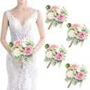 Bridesmaids Bouquets Flowers Set of 4 - Artificial Bridesmaid Bouquet Wedding 7 Inch Rustic Small Floral Centerpiece for Marriage Proposal Party Anniversary Dining Table Decor - Green & Blush Pink