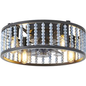 Ceiling Fan with Lights Remote Control, 4-Light Farmhouse Wood Beaded Chandelier, 6 Wind Speed Semi Flush Mount Ceiling Fan with Light for Bedroom Nursery Room Kitchen (Blue white bead with black frame)
