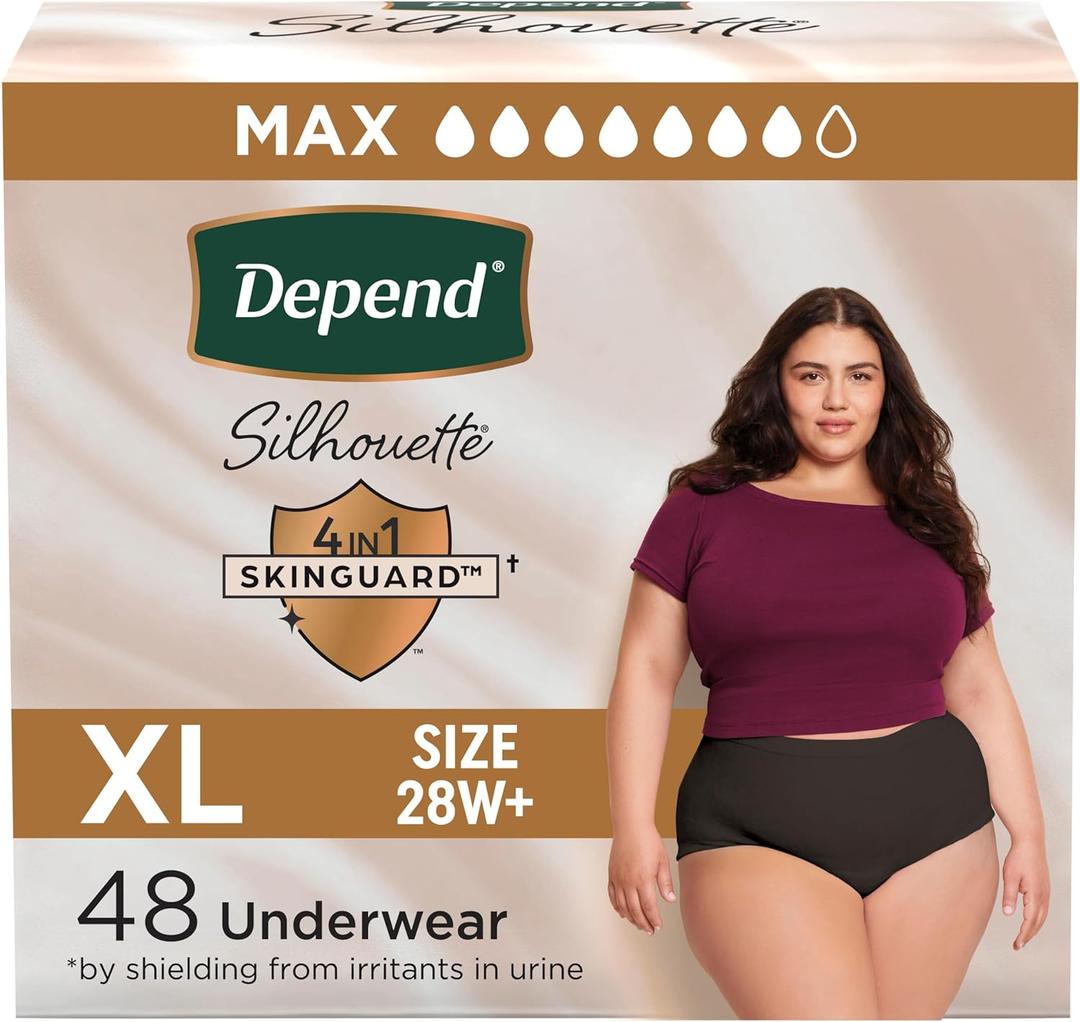 Depend Silhouette Adult Diapers, Incontinence & Postpartum Bladder Leak Underwear for Women, Maximum Absorbency, Extra Large, Black, 48 Count (2 Packs of 24)