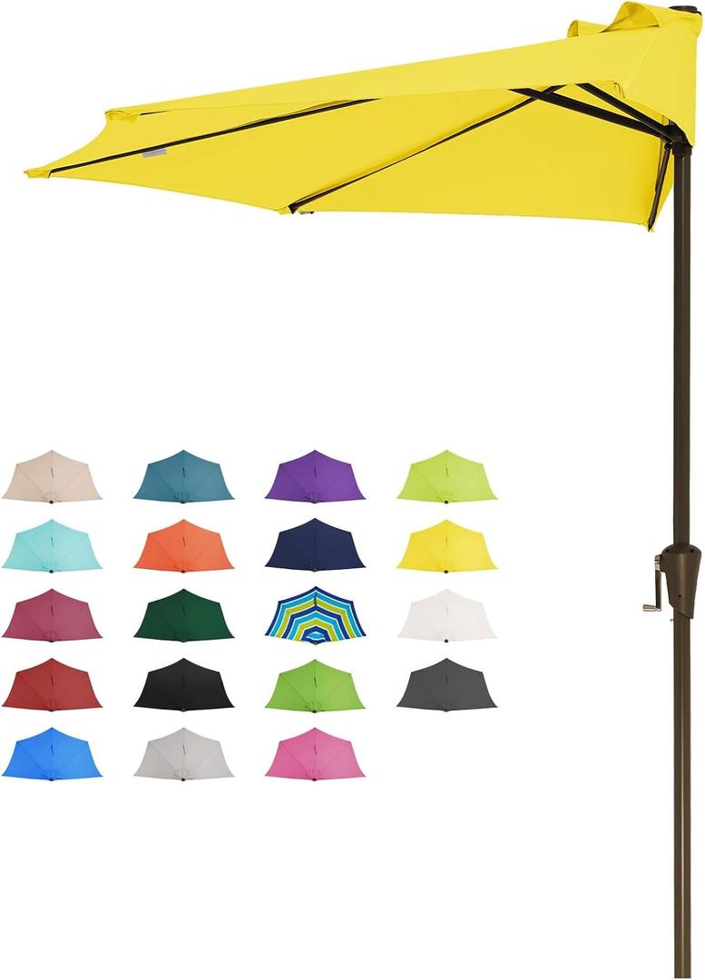 JEAREY 9ft Half Umbrella Outdoor Patio Umbrella Market Umbrellas with Crank, 1/2 Round Wall Umbrella 5 Sturdy Ribs UV Protection for Pool Garden Balcony Deck, Yellow