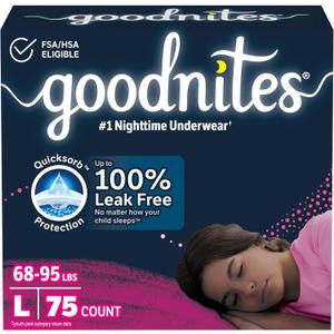 Goodnites Girls' Nighttime Bedwetting Underwear, Size Large (68-95 lbs), 75 Ct (3 Packs of 25)
