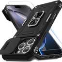 DEERLAMN Case for iPhone 16 Pro Max with Slide Camera Cover+Screen Protector (1 Pack), Rotated Ring Kickstand Military Grade Shockproof Protective Cover-Black