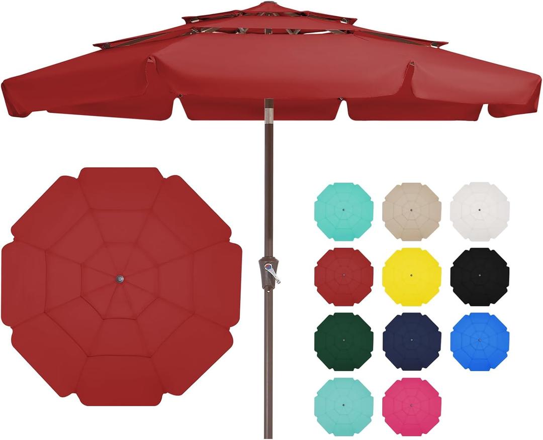 JEAREY 3 Tiers 9 FT Patio Umbrellas Outdoor Table Umbrella with Push Button Market Umbrella 8 Sturdy Ribs UV Protection Waterproof for Garden,Red