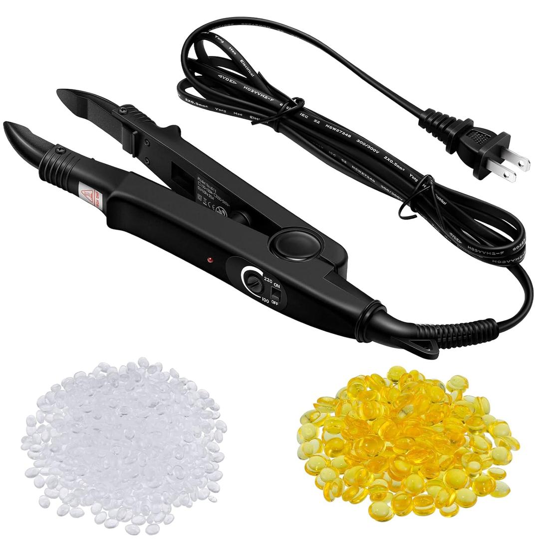 Zhehao Fusion Hair Extensions Tool Us Plug Professional Hair Extensions Tools Fusion Heat Iron Connector Wand U Tip with 1 Bags Keratin Glue Granule Beads (Black)