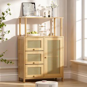 Sideboard Buffet Cabinet with Storage, Bamboo Storage Cabinets, Rattan Sideboard with Adjustable Shelf, Pantry Cupboard for Kitchen Living Room Entry Coffee Bar, Natural Color, Compact