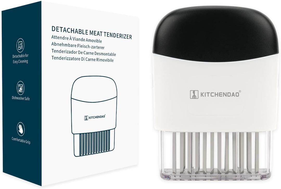 KITCHENDAO Detachable Meat Tenderizer Needle Tool with Safety Lock, Detachable for Easy Cleaning, Dishwasher Safe, 48 Upgraded Stainless Steel Needles, for Tendering Steak Pork Belly Skin Chicken (Black/White)