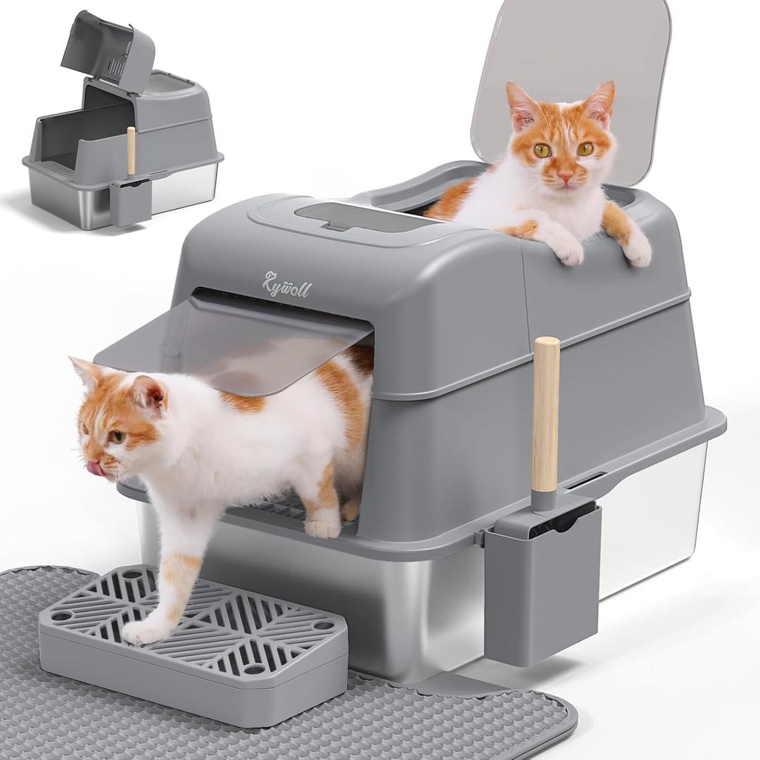 Rywell Stainless Steel Litter Box with Lid XL,120 Flip Cover Stainless Steel Litter Box with Litter Scoop and Litter Mat, Odor Control,Anti-Leakage, Non-Stick, Easy to Clean (24in)