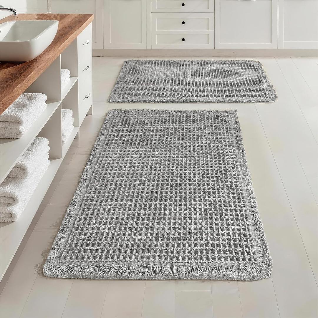 Set of 2 Waffle Bathroom Rugs, Super Absorbent Boho Bath Mats, Non-Slip Shower Mats for Bathroom Floor and Tub, Ultra Soft Waffle Weave Runner Mat, Quick Dry, Light Grey, 17x24+18x30 Inch