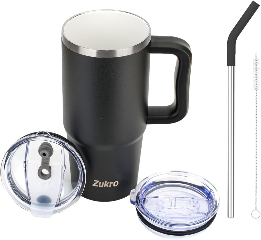 Zukro 24 oz Ceramic Lined Tumbler with Handle and Straw, No Metal Taste, Insulated Stainless Steel Coffee Mug with Spill Proof Lids for Home/Office, No Sweat, Keep Drinks Hot or Cold, Black