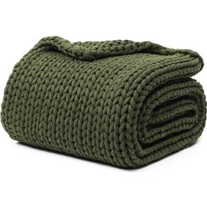 YnM Cotton Weighted Blanket, Handmade Chunky Knitted Design, Soft and Cozy, Temperature Regulating and Breathable, Machine Washable Throw for Sleep or Home Decor (Pine Green, 48x72 Inch, 20lbs)