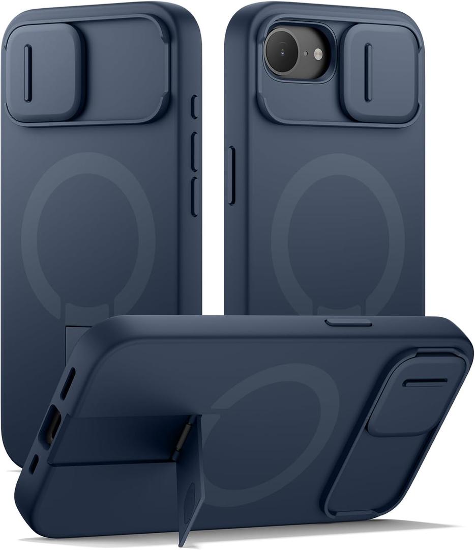 SURITCH for iPhone 17e/16e Case with Magnetic Camera Slide Cover and Adjustable Kickstand, Compatible with MagSafe, Shockproof Bumper Case Slim Protective Cover 6.1 Inch,Blue