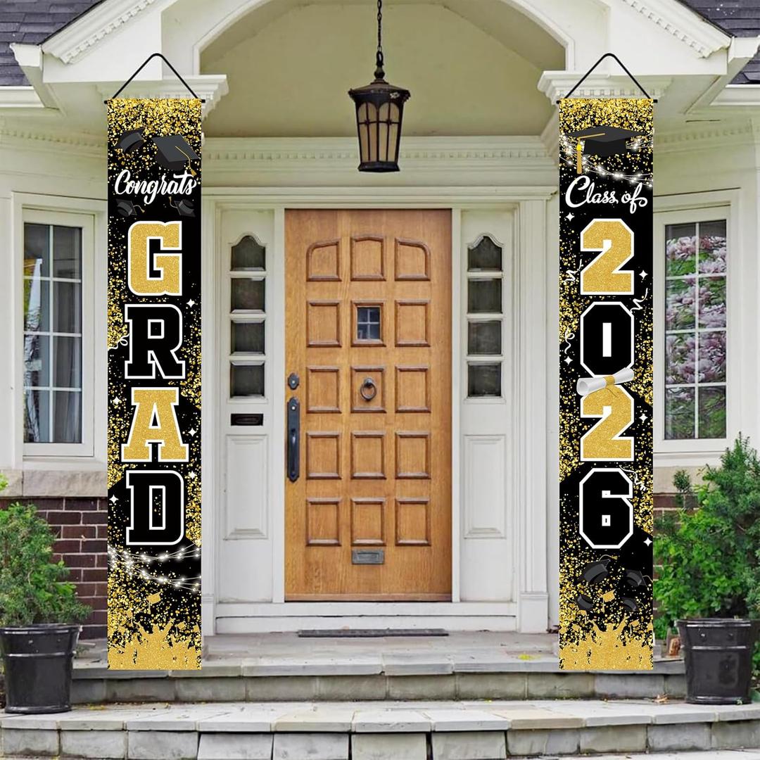 Graduation Decorations Class of 2026,Congrats Grad Porch Banner for Graduation Party Decorations,Backdrop Yard Signs Decor for Any Schools or Grades (Gold)