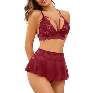 PITINAN Sexy Lingerie for Women Naughty 3 Piece Lace Bralette, Mini Skirt with G-String Crotchless Teddy Lingerie Set Size S