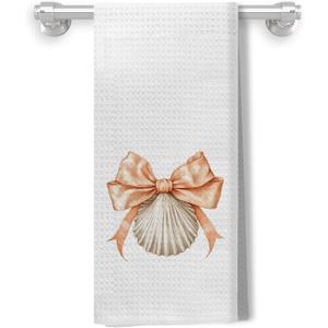 2 x Coquette Bow Beach Seashell Kitchen Towels, Coastal Nautical Beachy Dish Tea Towels for Kitchen Decor, Girly Preppy Bow Conch Decorative Hand Towels for Bathroom, 16x24 Inch