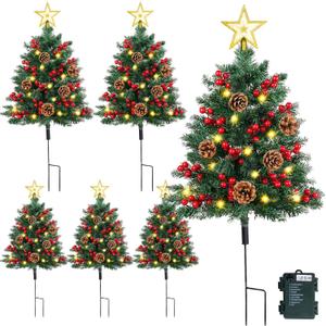 [Timer & 8 Lighting Modes] Set of 6 35.4lnchs Christmas Tree Urn Filler Xmas Trees with Cones, Berries, Battery Operated Christmas Tree with 2Pcs 30 Lights, Outdoor Christmastree for Planter, Porch