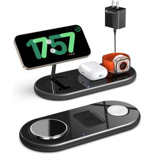 2025 Upgraded 3 in 1 Charging Station for Apple Devices, Fast Magnetic Mag-Safe Wireless Charger Stand for iPhone 16/15/14/13/12 Series & Apple Watch 1-10/Ultra & AirPods Pro (Black)