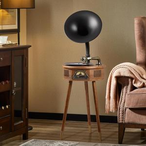 Gramophone Record PlayerItalian Style Gramophone Vinyl Record Player with Control/Bluetooth/USB/FM Vintage Record Players Turntables 2 Speed(33/45), Hi-Fi, Classic Tripod Retro Wooden Design (Maple color)